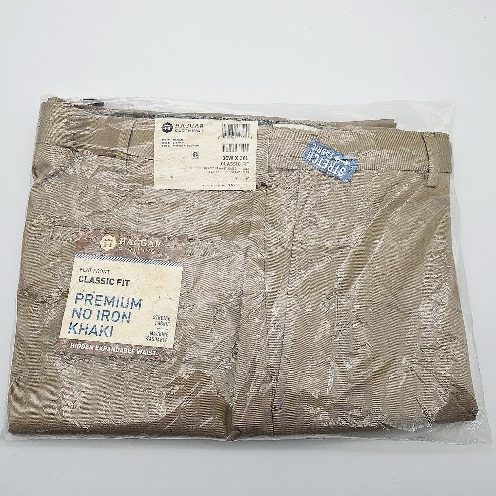 HAGGAR Classic Fit Flat Front Khaki Pants Trouser 36x30 Stretch Fabric No Iron